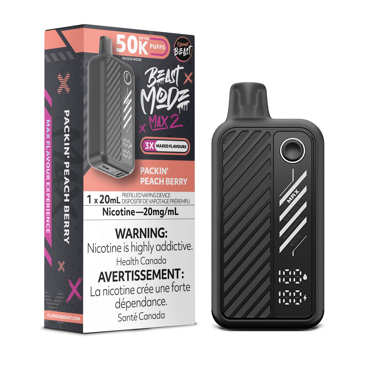 Flavour Beast Mode Max 2 Packin' Peach Berry 50K Puffs 20ml (Pack of 5)