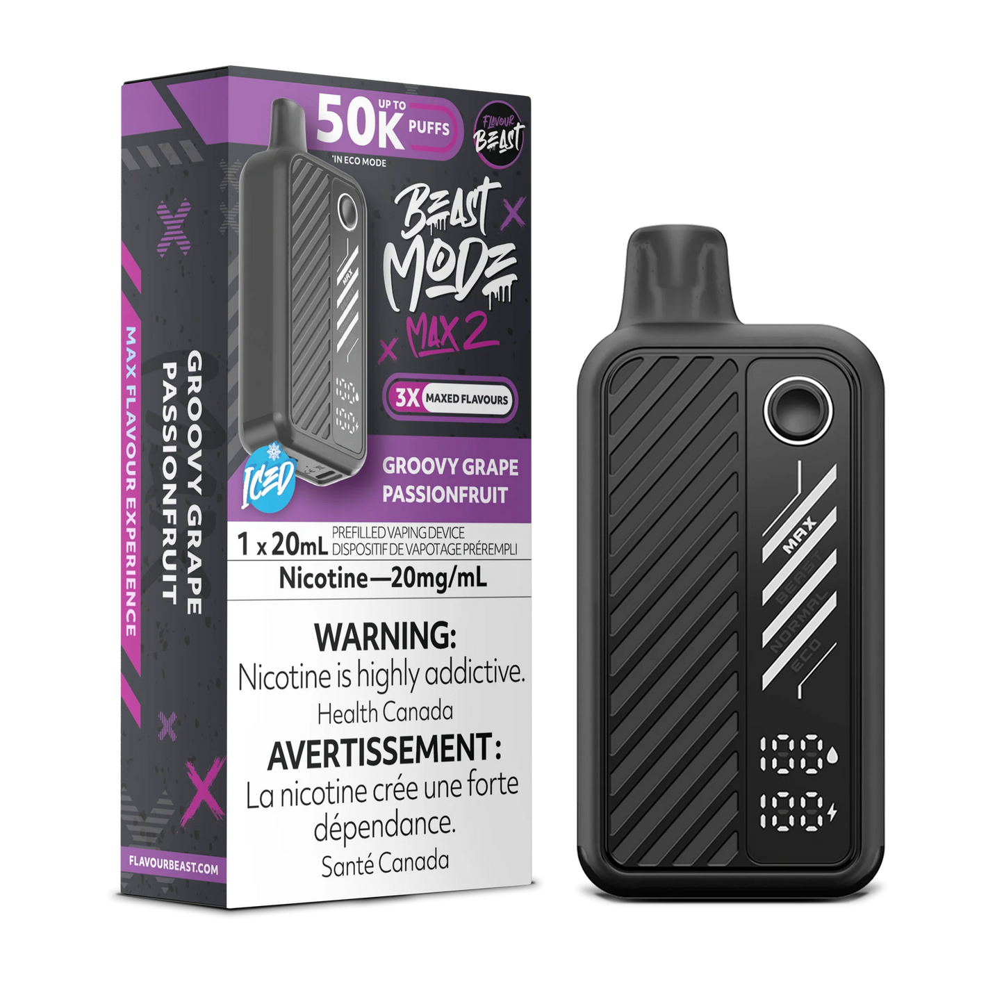 Flavour Beast Mode Max 2 Groovy Grape Passionfruit Iced 50K Puffs 20ml (Pack of 5)