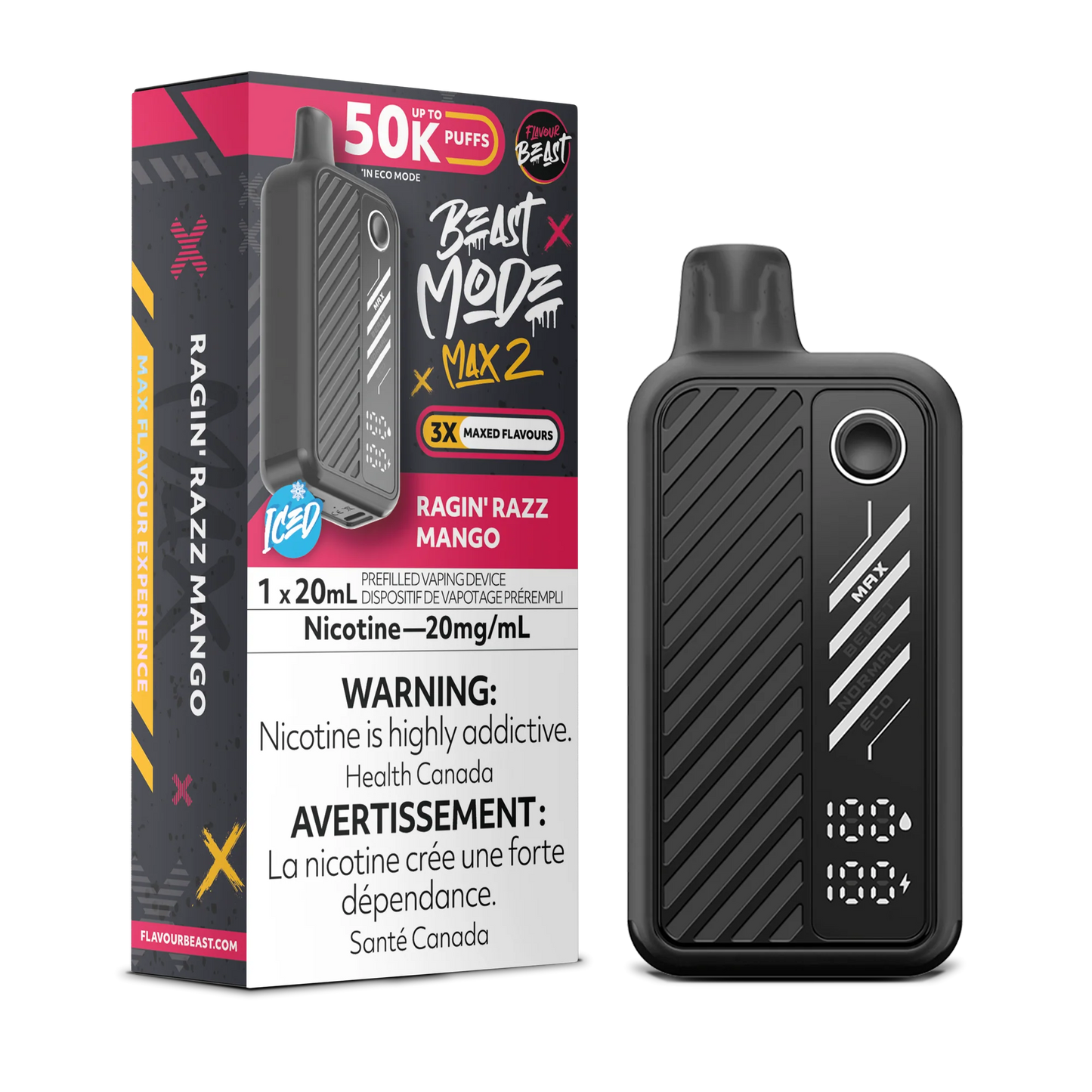 Flavour Beast Mode Max 2 Ragin' Razz Mango Iced 50K Puffs 20ml (Pack of 5)