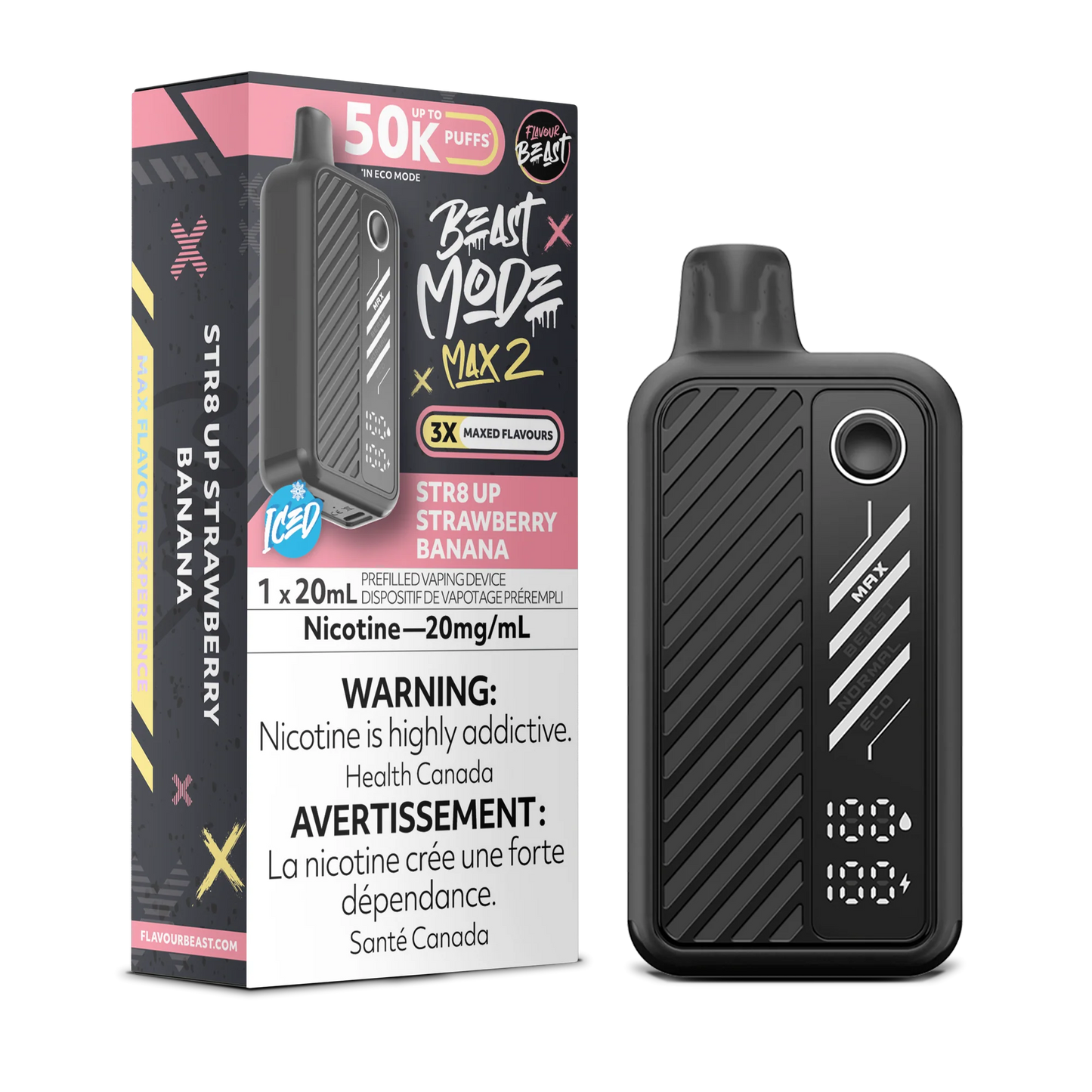 Flavour Beast Mode Max 2 STR8 UP Strawberry Banana Iced 50K Puffs 20ml (Pack of 5)